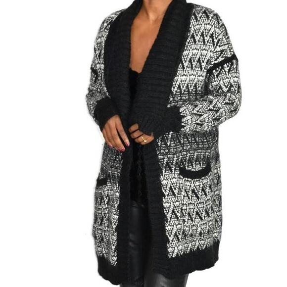 Cynthia Rowley Sweater Black Alpaca Open Front Cardigan Long Chunky Size Medium - Picture 1 of 12